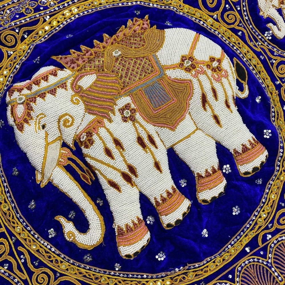 Vibrant Blue Elephant Tapestry Wall Hanging Embellished Beaded Thai Burmese Deco